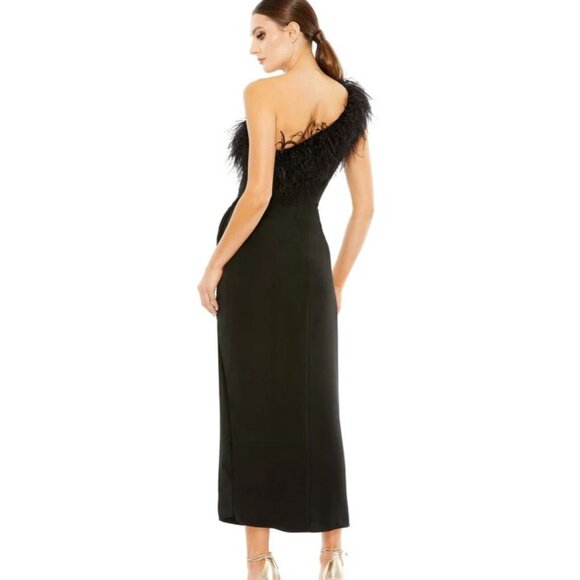 Mac Duggal 68147 Black Feather One Shoulder Midi Dress Cocktail Size 2 NEW - Picture 3 of 10